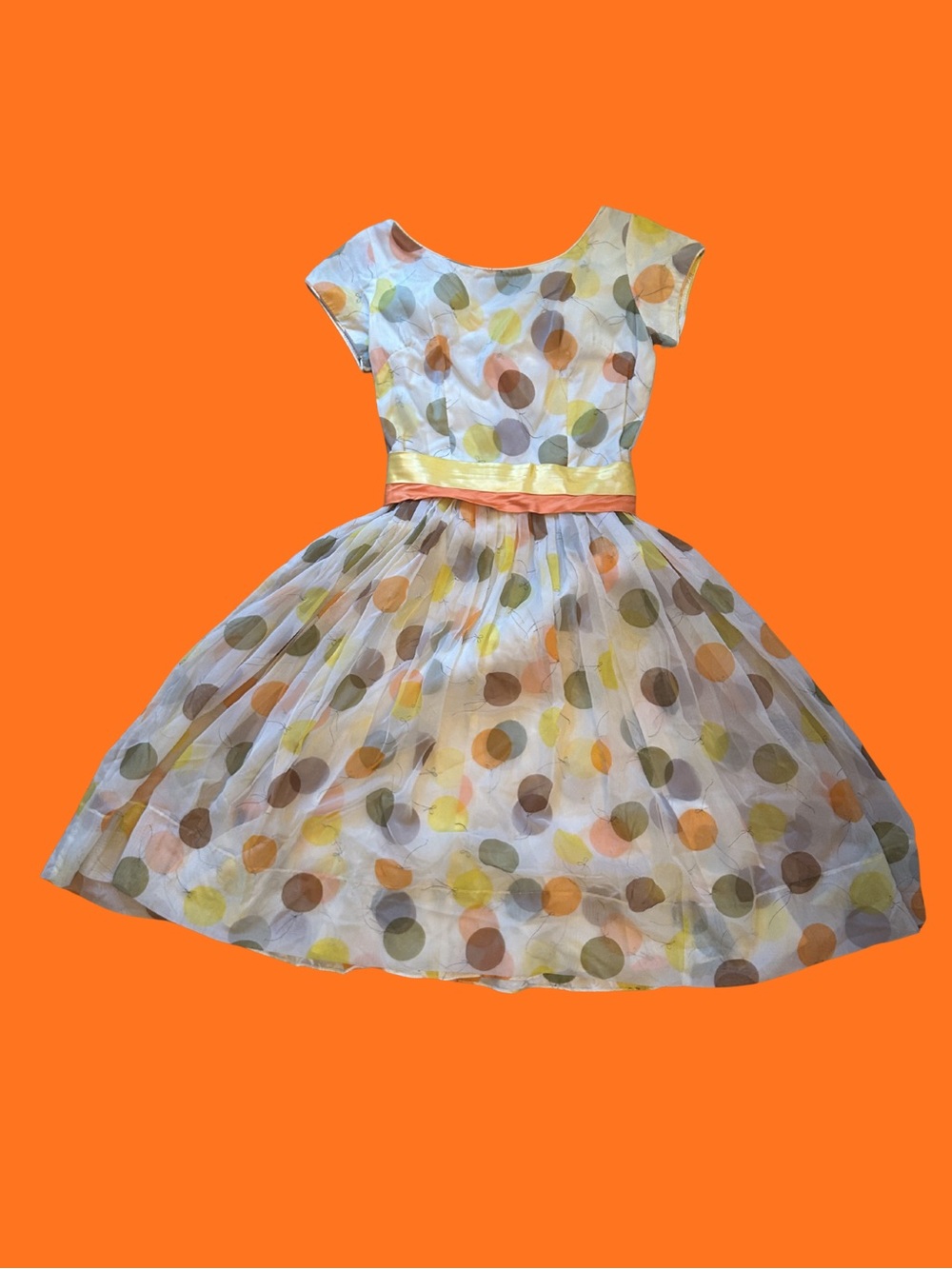 Vintage Polka Dot Fit-and-Flare Dress in Yellow, Orange, Olive and Cream